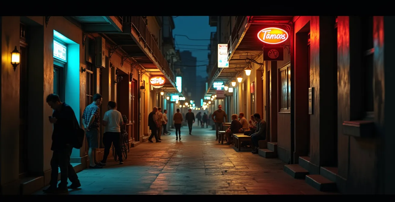Vue atmosphérique d'une ruelle avec des bars locaux authentiques loin des circuits touristiques