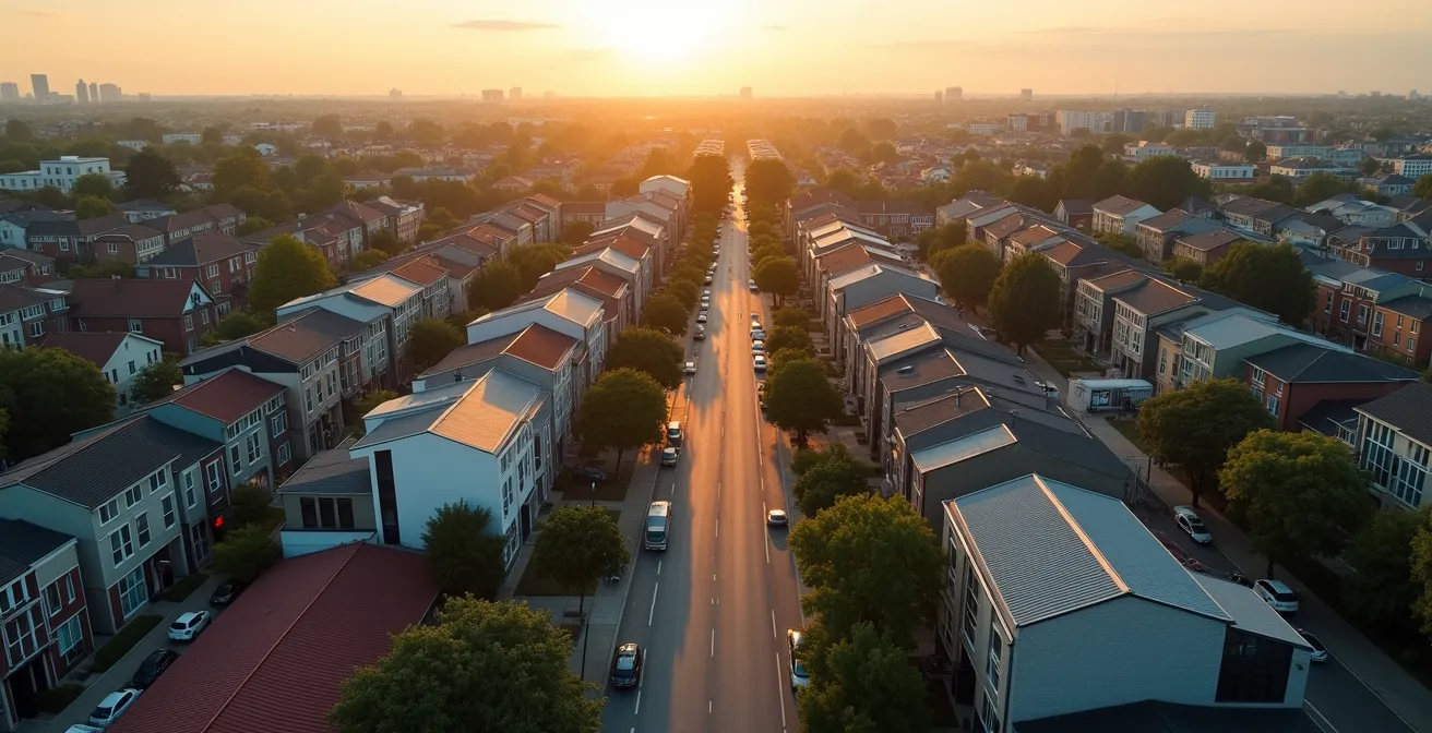 Vue aérienne d'un quartier résidentiel avec différents types d'habitations et espaces verts