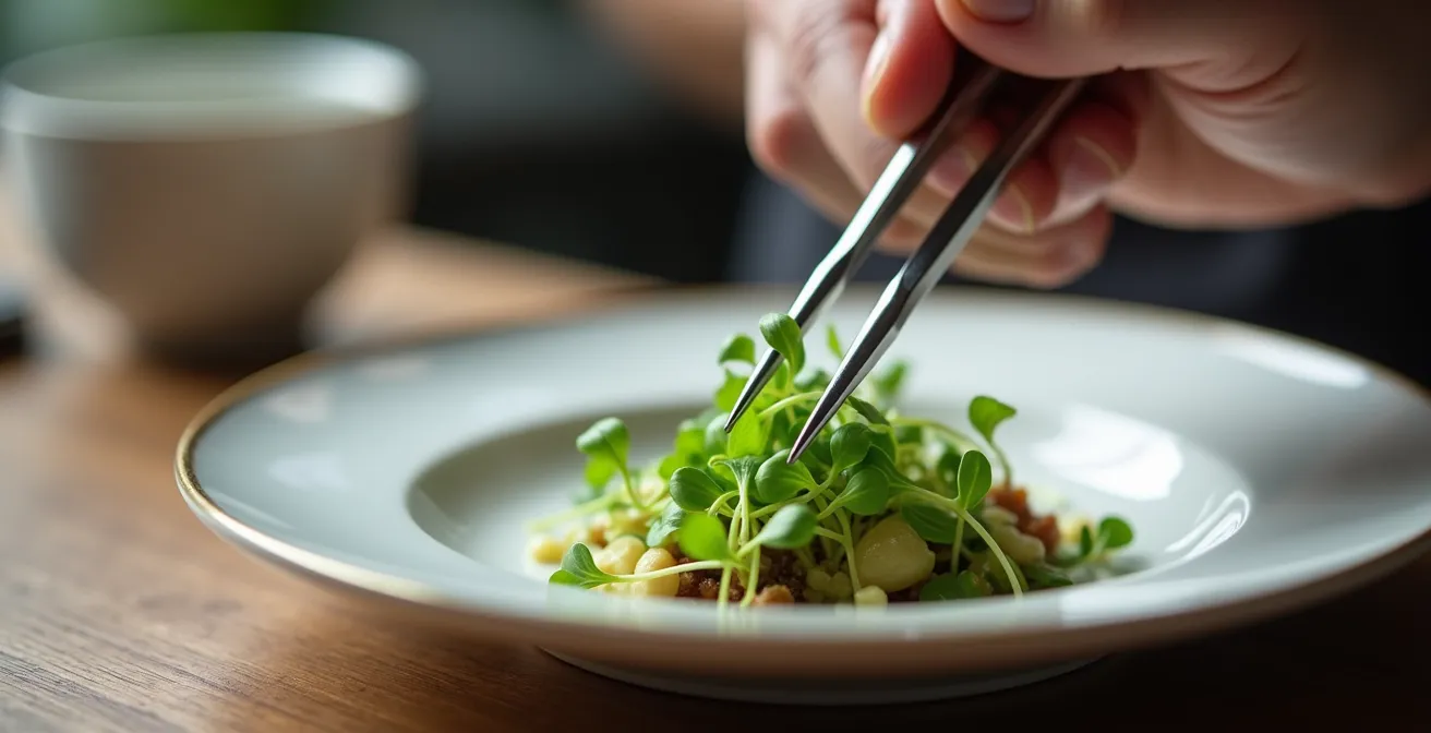 Vue macro sur des mains de chef disposant délicatement des éléments sur une assiette gastronomique