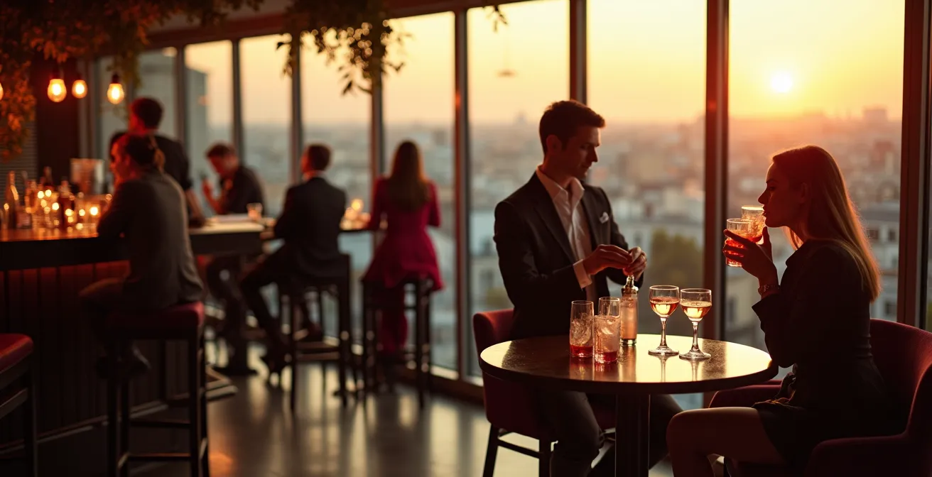 Zone bar d'un rooftop d'hôtel parisien avec comptoir et tables hautes au coucher du soleil