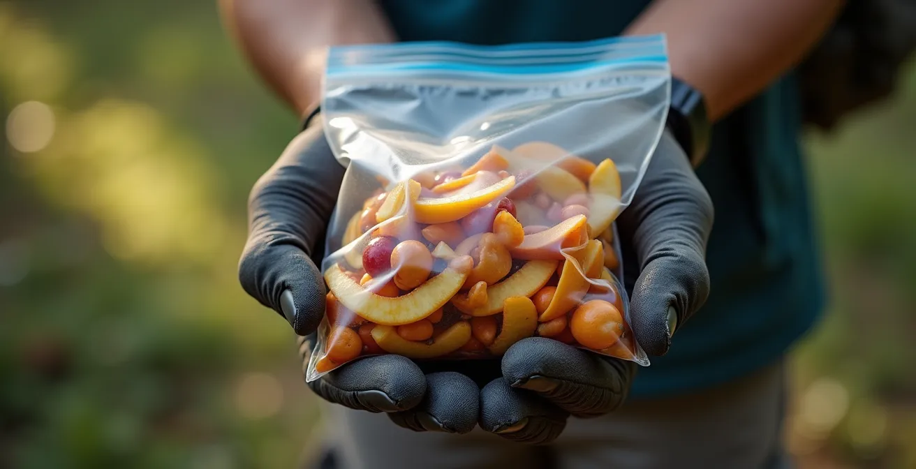 Main de randonneur tenant un sac hermétique avec déchets organiques compactés