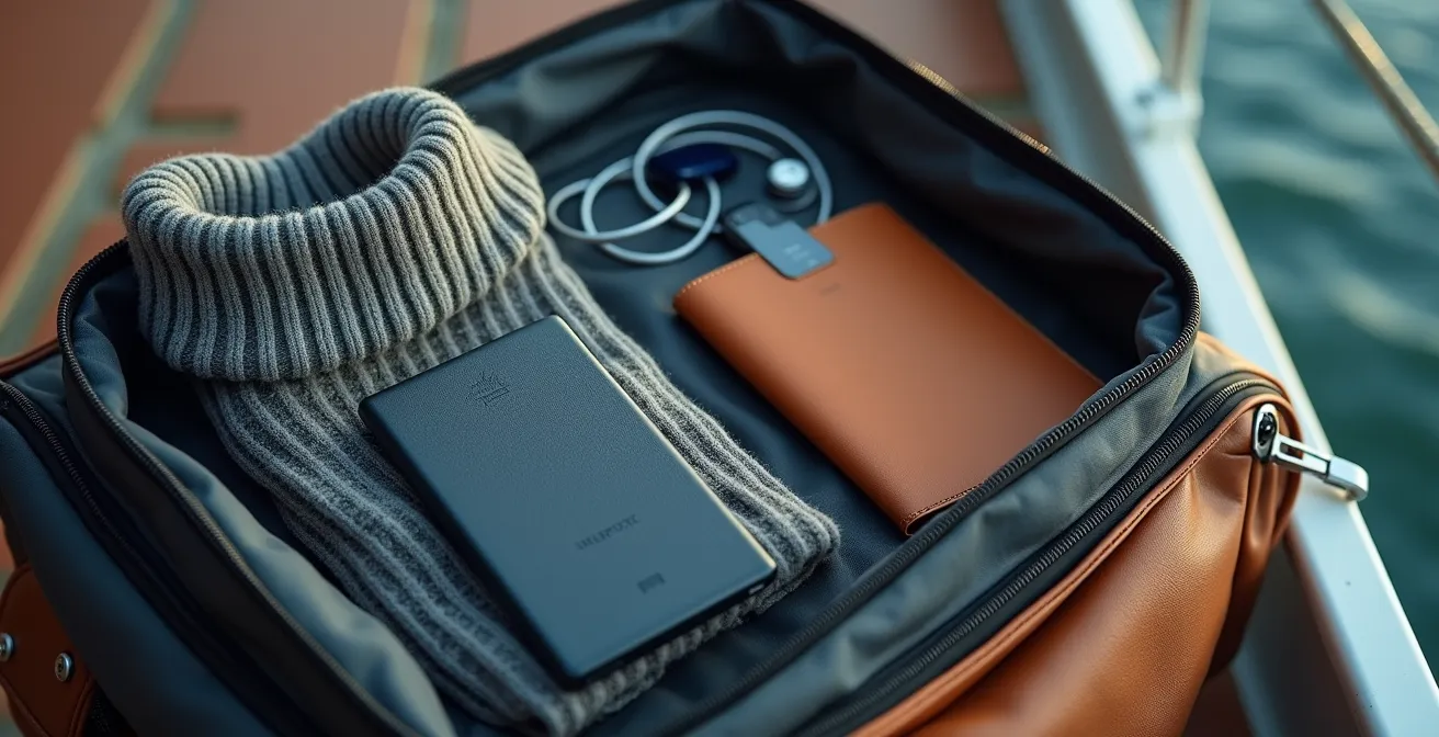 Sac de voyage ouvert montrant une organisation méthodique avec différents compartiments pour une traversée en ferry