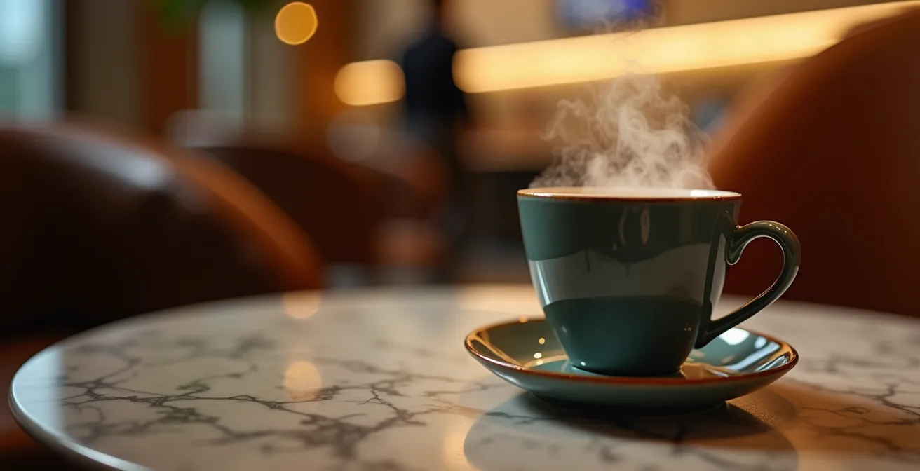 Salon d'aéroport VIP avec vue sur piste, ambiance zen et voyageurs relaxés