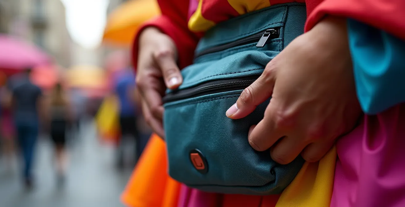 Gros plan sur une pochette de sécurité portée discrètement sous un costume de carnaval coloré
