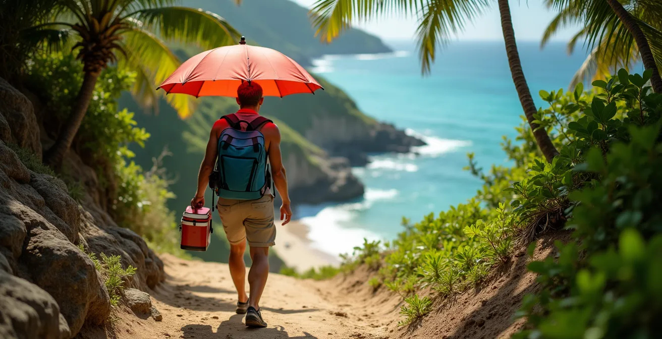 Sentier escarpé descendant vers une crique isolée avec vue sur la mer