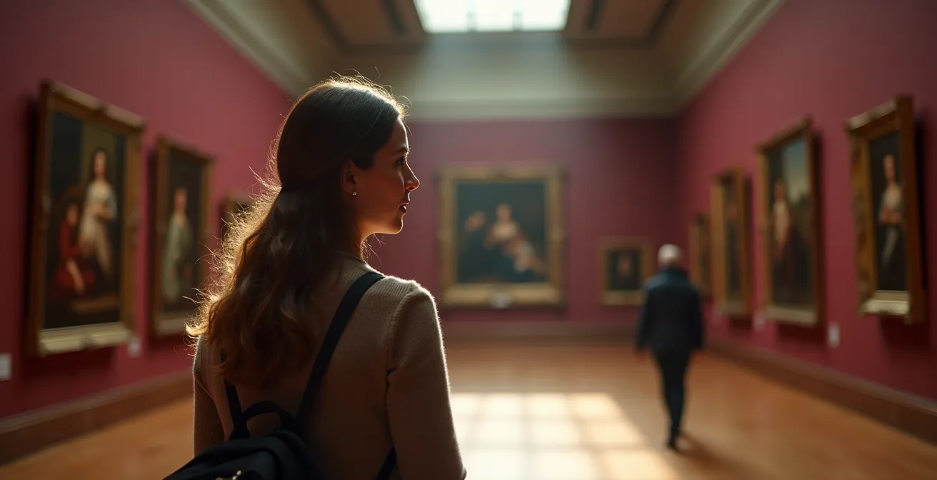 Vue d'une salle de musée calme avec des visiteurs contemplant des œuvres moins connues dans une lumière dorée naturelle
