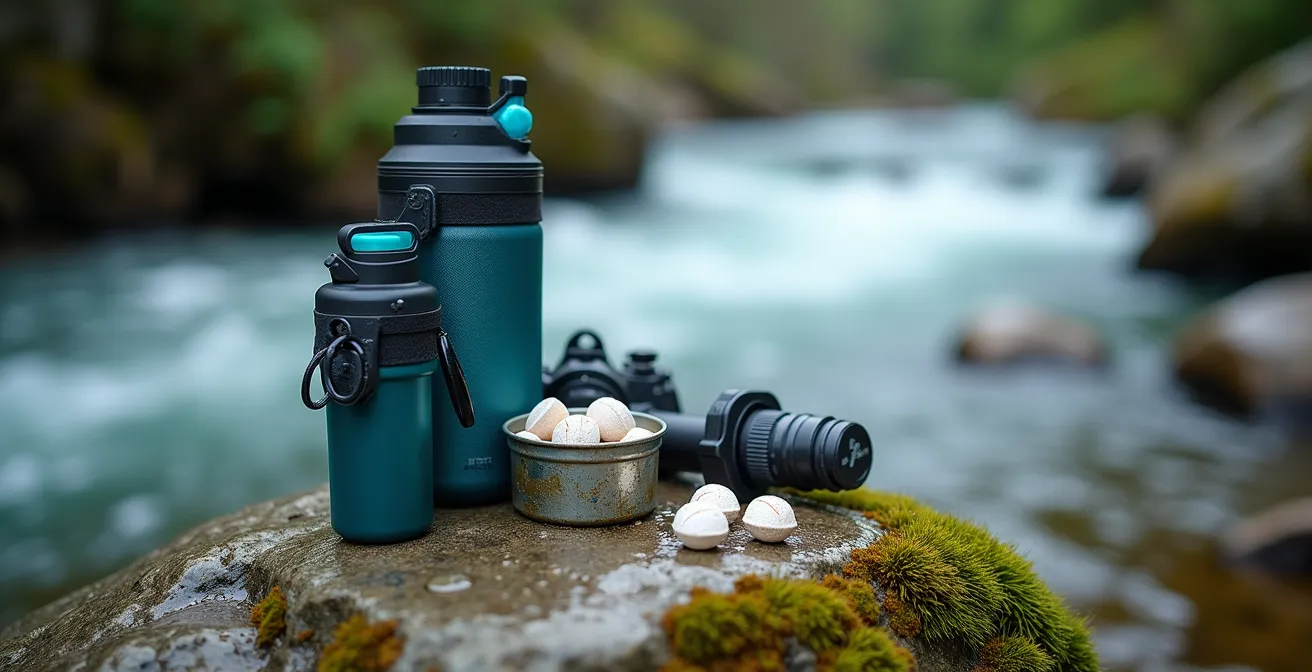 Matériel de filtration d'eau disposé sur une roche près d'un ruisseau de montagne