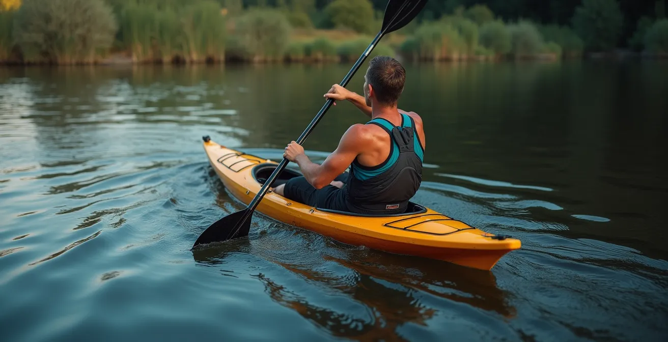 Vue de dessus d'un kayakiste démontrant la rotation du torse pendant le coup de pagaie