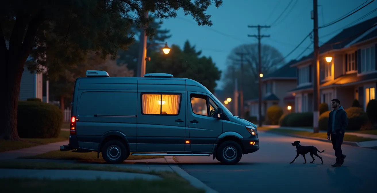 Van garé discrètement dans une rue urbaine calme au crépuscule