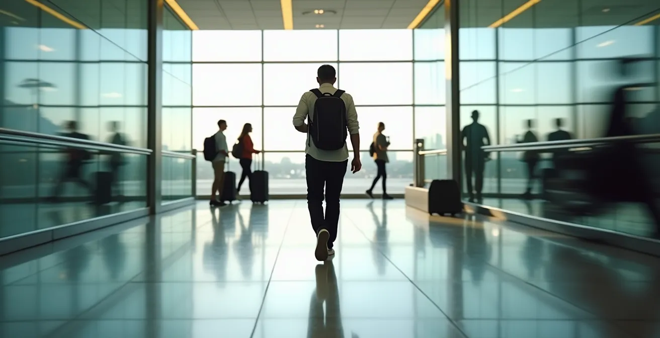 Voyageur avec sac à dos compact traversant un hall d'aéroport moderne baigné de lumière