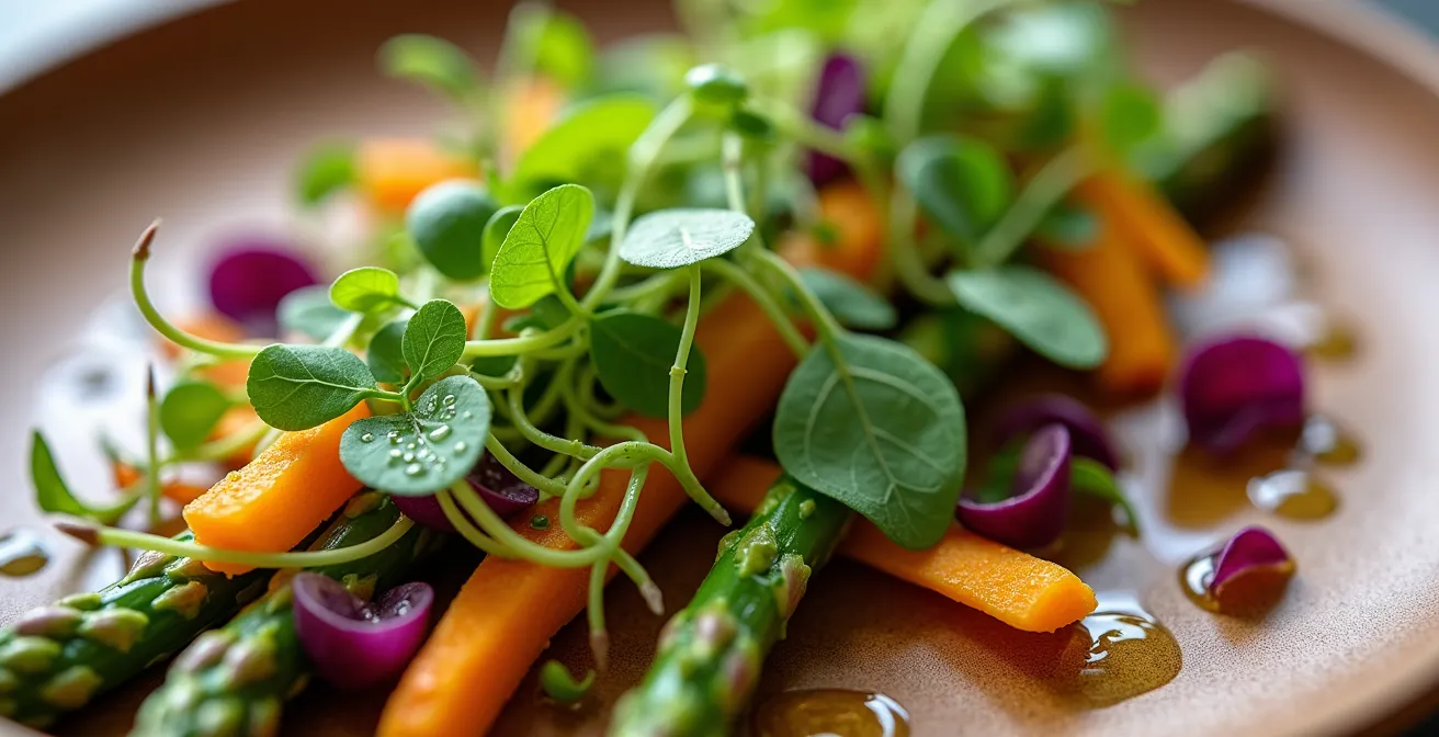 Détail macro d'une assiette gastronomique végétale avec herbes fraîches